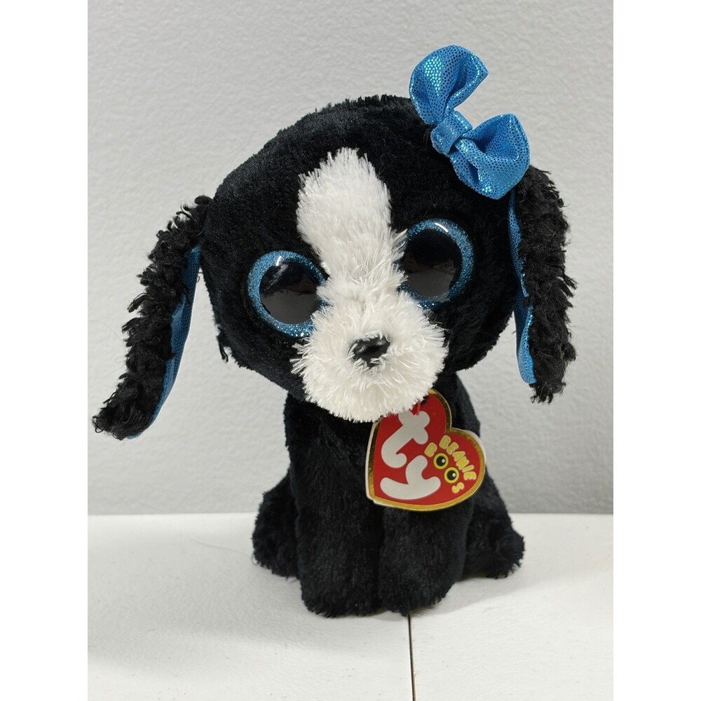 TY Beanie Boos Tracey the Dog Plush Black Dog Blue Eyes Sparkle Bow New
